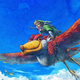 A watercolor illustration of Link riding a large bird in the sky.